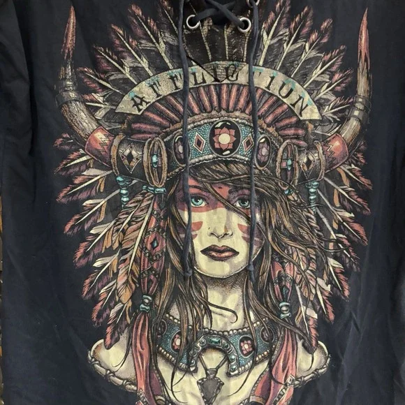 Affliction Inked Women's Lace Up T Shirt Medium Tribal Indian Edgy - Picture 2 of 4